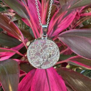 NEW Large Clear Quartz Owl on a Tree Pendant Necklace